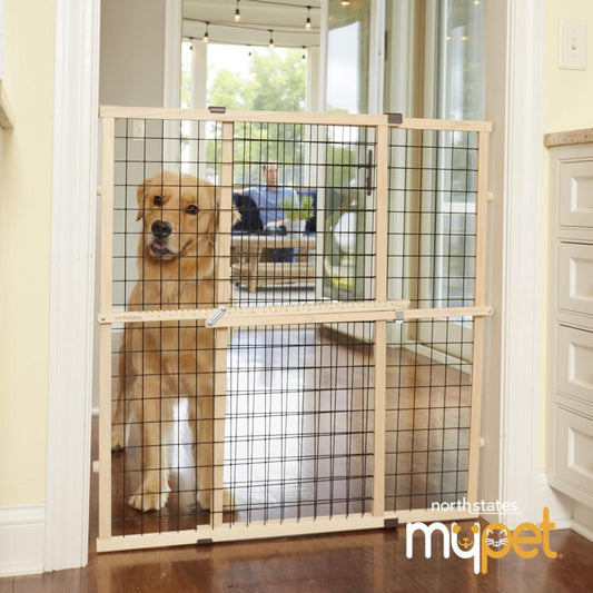 MYPET North States Wire Mesh Dog Gate: 29.5-48" Wide. Pressure Mount. No Tools Needed. Made in USA. Dog Gate 37" Tall, Expandable, Durable Dog Gates for Doorways, Sustainable Hardwood