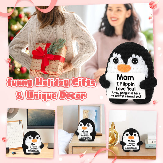 Gifts for Mom Mothers Day from Daughter Son, Handmade Crochet Penguin Mom Gifts for Birthday Mother‘s Day Mommy Mother in Law Bonus Step Mothers, Funny I Love You Mum Present Emotional Cute Decor