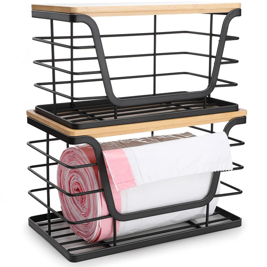 ALOCEO 2 Pack Storage Stackable Kitchen Laundry Organizers with Bamboo Top, Wall Mount Large Trash Bag Holder and Standard Garbage Bag Dispenser