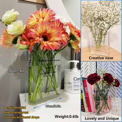 Puransen Clear Book Flower Vase - Floral Bookshelf Decor, Acrylic Flower Holder & Space-Saving Organizer, Modern Home Office/Study Desk Minimalist Aesthetic (Not Including Flowers)