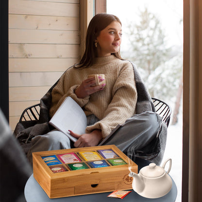 Bamboo Tea Bag Organizer Storage Box with Drawer & Acrylic Window - Magnetic Lid Keeps Contents Fresh - Ideal Mothers Day Gifts for Mom - Gift Caddy (Tea Not Included)