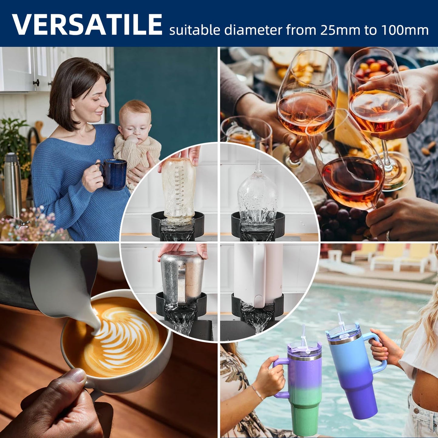 ZHIBAI Cup Washser for Sink Stainless Steel, Upgraded 10 360° High Pressure Jets Glass Rinser, Bottle Rinser for Rinse the Rim, Kitchen Sink Accessories, Sliver