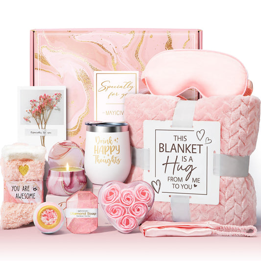Birthday Gifts for Women Self Care Gifts Get Well Soon Gifts, Rose Relaxing Spa Gifts Basket Care Package w/ Luxury Flannel Blanket, Unique Mothers Day Gifts for Mom Her Friend Sister Wife Grandma