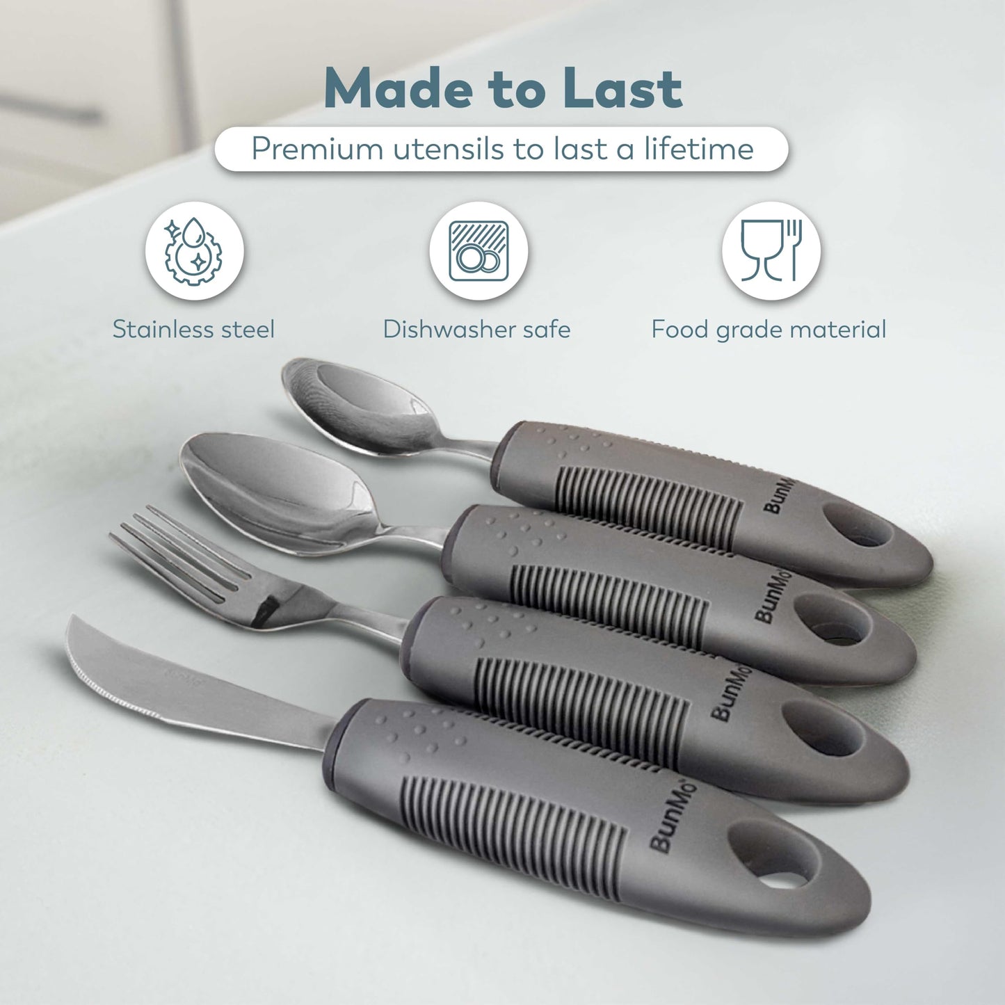 BUNMO Utensils for Elderly, Arthritis, Weak Hand Grip, Tremors & Handicapped - Convenient Travel Pouch - 2.6oz Lightweight - Stainless Steel - Eat Independently - Adaptive Gray 4 Piece Set