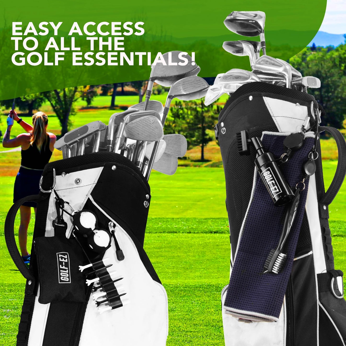 Golf-EZ Golf Essentials Kit | Must Have Golf Accessories - Golf Water Brush, Golf Towel, Golf Club Brush, Golf Ball Marker, Divot Repair Tool, Golf Ball & Golf Tee Holder, Golf Gifts for Men