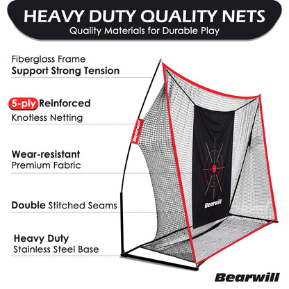 Bearwill Golf Net, 10x7ft Heavy Duty Golf Practice Net with Golf Mat, Target Cloth, 8 Golf Tees, 6 Golf Balls, Carry Bag, Golf Training Net for Backyard Driving Chipping Indoor Outdoor Training