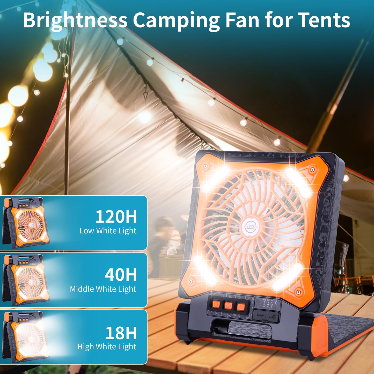 WESTTREE Solar Fan Battery Powered Rechargeable Solar Camping Fan with Led Lantern & Power Bank Foldable Angle USB Personal Fans for Travel Outdoor Camping Tents X98 Orange