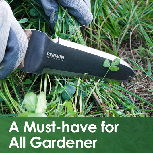 PERWIN Hori Hori Garden Knife, Garden Tools with Sheath for Weeding,Planting,Digging, 7" Stainless Steel Blade with Cutting Edge, Full-Tang Wood Handle with Hanging Hole
