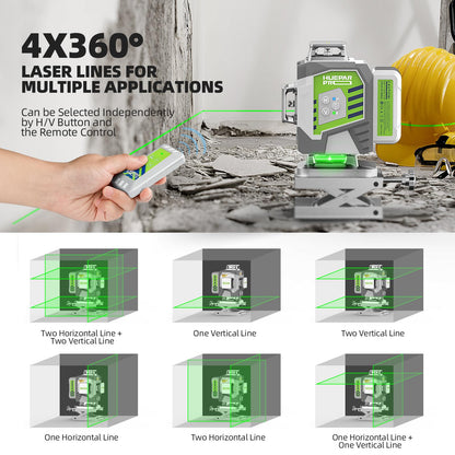 Huepar Pro Laser Level 360 Self Leveling, 4x360°Green Cross Line Laser Tool with Remote Control & 8000mAh Rechargeable Li-ion Battery, High Accuracy 4D Laser for Construction, Magnetic Bracket -ZK04CG