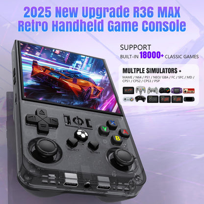 2025 New Upgrade R36MAX Retro Handheld Game Console with 64G Built-in 18000+ Classic Games, Portable Hand Held Open Source Linux System 4.0-in 4k HD IPS Screen Video Player (Black 64GB)