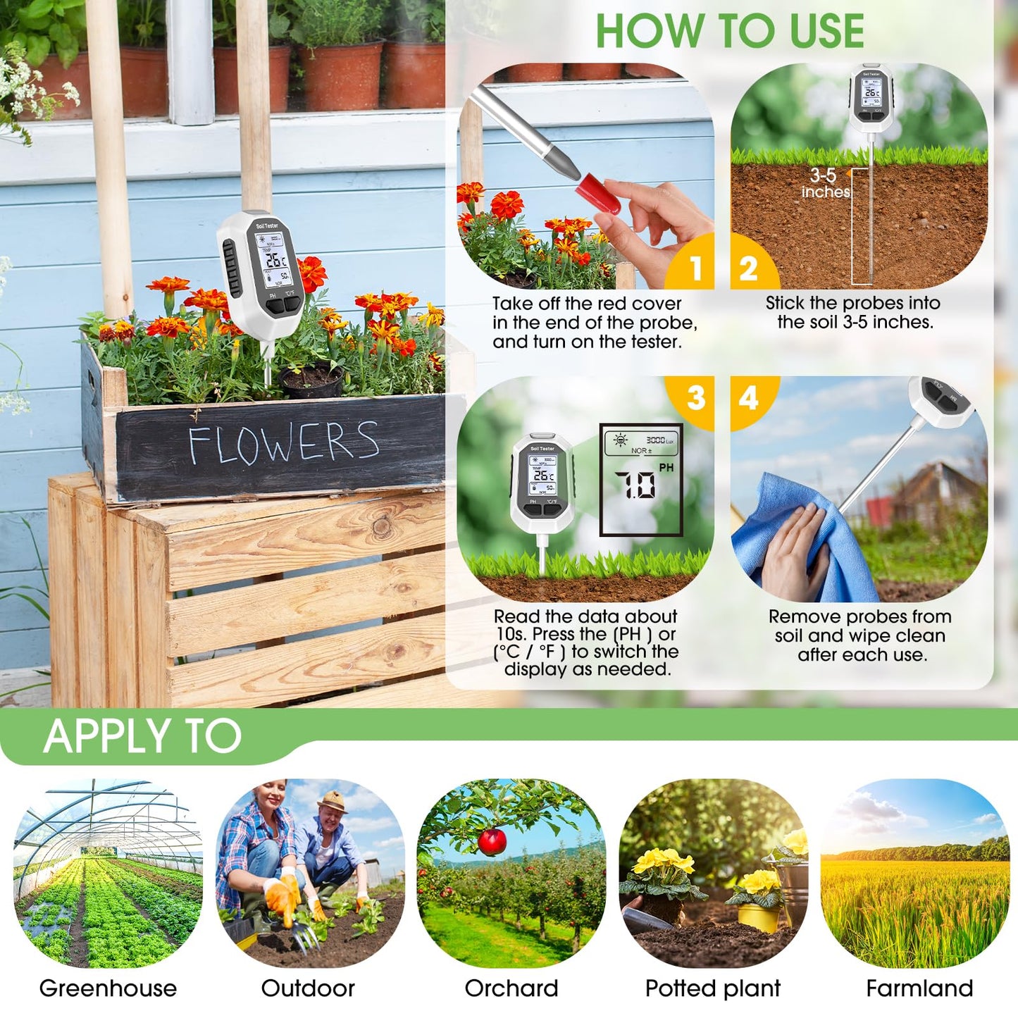 4-in-1 Soil Moisture Meter Digital Plant Temperature/Soil Moisture/PH Meter/Sunlight Intensity Backlight LCD Display Soil Test Meter for Gardening, Farming and Outdoor Plants