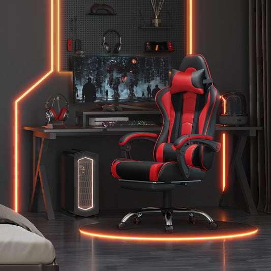 Yaheetech Gaming Chair, Video Game Chair with Massage Lumbar Support and Footrest Height Adjustable Ergonomic Computer Chair with Swivel Seat and Headrest, Black/Red