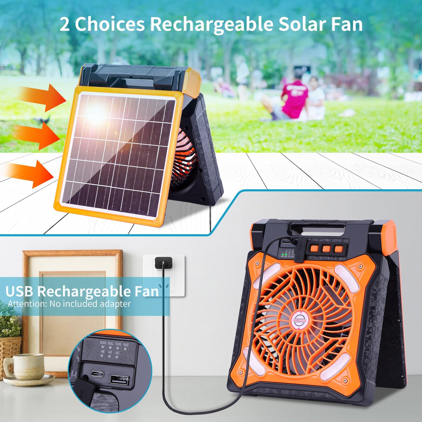 WESTTREE Solar Fan Battery Powered Rechargeable Solar Camping Fan with Led Lantern & Power Bank Foldable Angle USB Personal Fans for Travel Outdoor Camping Tents X98 Orange