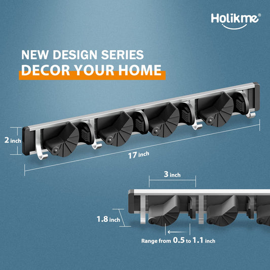 Holikme Mop Broom Holder Wall Mount Metal Pantry Organization and Storage Garden Kitchen Tool Organizer Wall Hanger for Home Goods (4 Positions with 4 Hooks, Black)