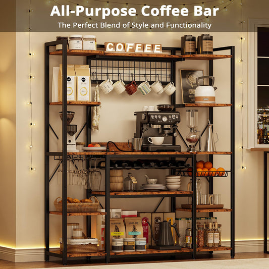 IRONCK Large Bakers Rack with Power Outlet, 62 Inch Wide Microwave Stand, Coffee Bar with Storage, Kitchen Racks and Shelves
