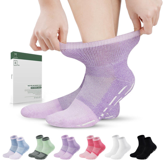 Bulinlulu Diabetic Socks with Grippers for Men Women -6 Pairs Non Binding Diabetic Ankle Slipper Socks Size 6-9 9-12(Bright-Medium)
