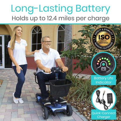 Vive 4 Wheel Mobility Scooter - Electric Powered Wheelchair Device - Compact Heavy Duty Mobile for Travel, Adults, Elderly - Long Range Power Extended Battery with Charger & Basket (FSA/HSA Eligible)