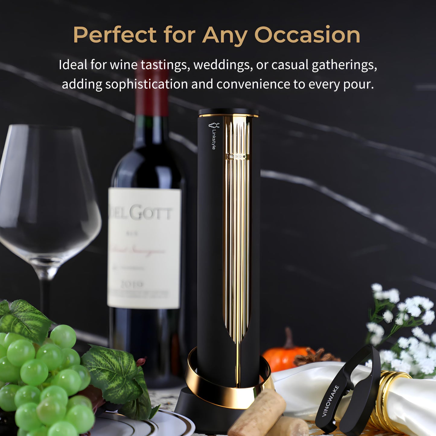 OPENERO Electric Wine Opener — Luxurious Automatic Wine Corkscrew Electric with Charging Base and Steel Foil Cutter, Wine Gifts For Women Men (Gold) By LINKSTYLE