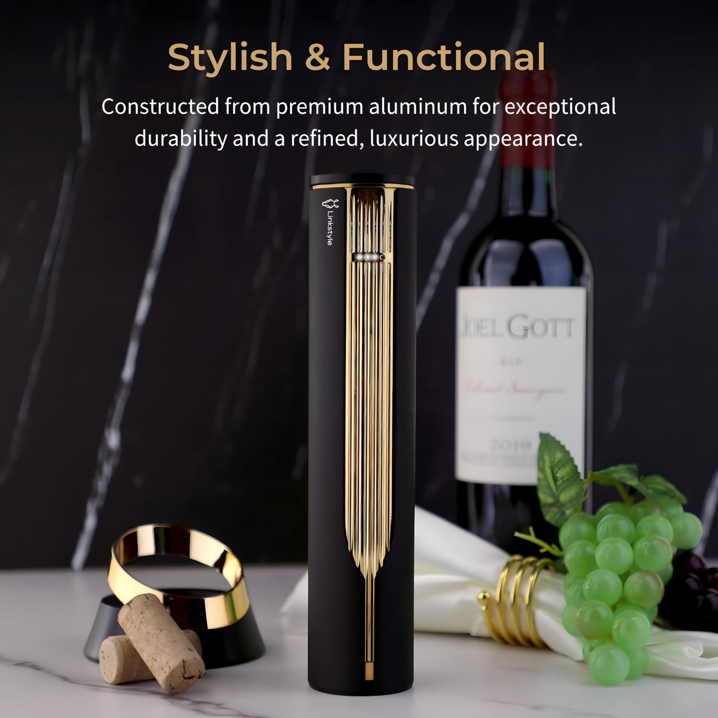 OPENERO Electric Wine Opener — Luxurious Automatic Wine Corkscrew Electric with Charging Base and Steel Foil Cutter, Wine Gifts For Women Men (Gold) By LINKSTYLE