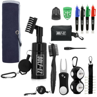 Golf-EZ Golf Essentials Kit | Must Have Golf Accessories - Golf Water Brush, Golf Towel, Golf Club Brush, Golf Ball Marker, Divot Repair Tool, Golf Ball & Golf Tee Holder, Golf Gifts for Men