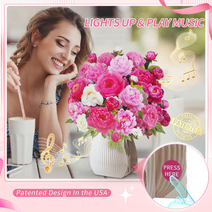 MZD8391 Mothers Day Card, Pop Up Birthday Cards with MUSIC & LIGHTS, Pink Penoy, 12 Inch Life Sized Forever Flower Bouquet Mother's Day Gifts for Women Mom Grandma