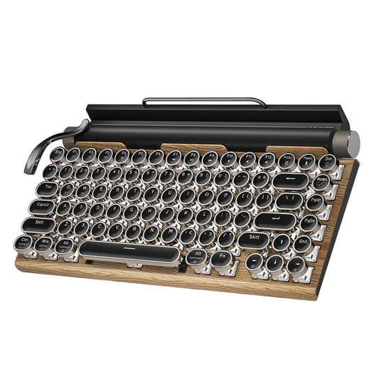 Retro Typewriter Wireles Mechanical Gaming Keyboard, Bluetooth 5.0 Office Computer Vintage Keyboards 83-Key Blue Switches Punk Round Keycap, LED Backlight, Compatible with PC/Laptop/Pad/Phone, Wood