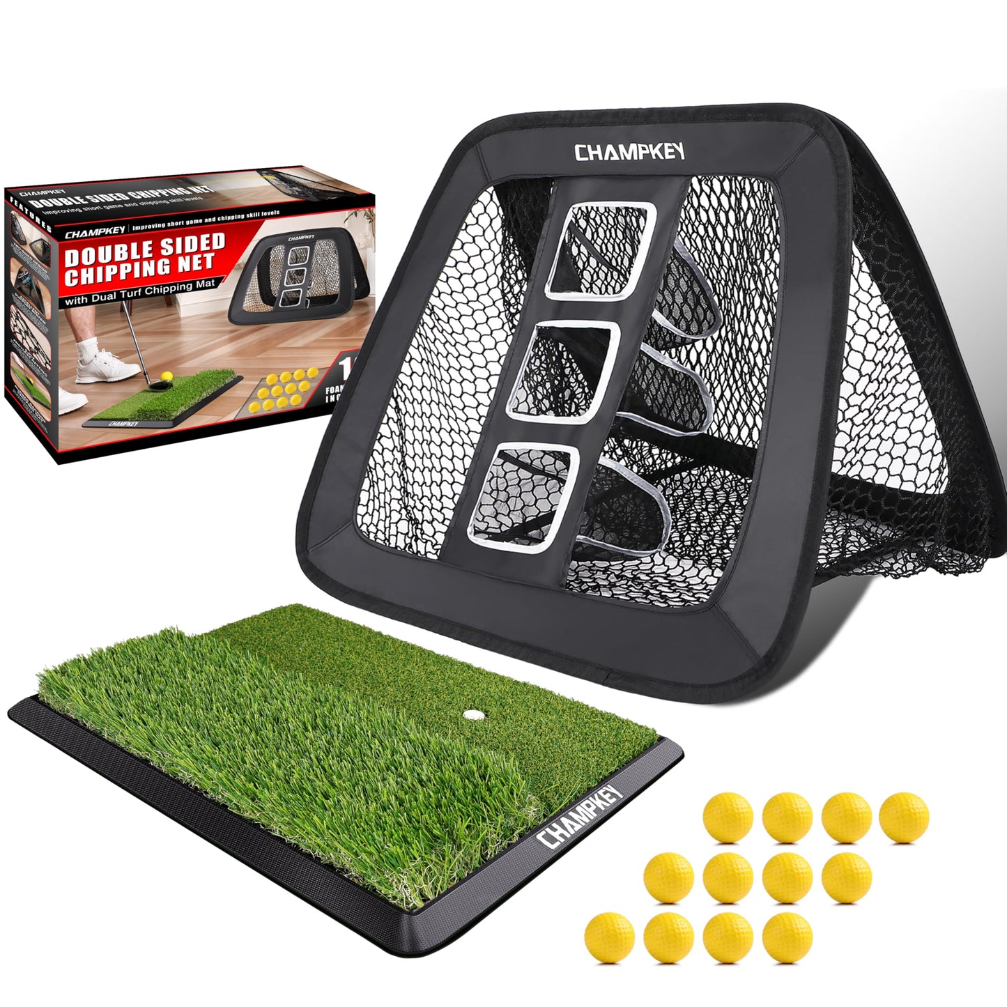CHAMPKEY Two Sided Golf Chipping Net with Chipping Mat and 12 Foam Golf Balls - Professional Golf Practice Net - Improve Short Game and Skills Chipping Net