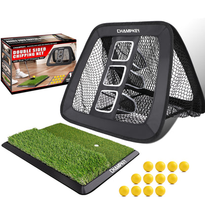 CHAMPKEY Two Sided Golf Chipping Net with Chipping Mat and 12 Foam Golf Balls - Professional Golf Practice Net - Improve Short Game and Skills Chipping Net