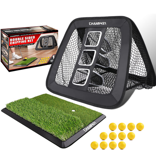 CHAMPKEY Two Sided Golf Chipping Net with Chipping Mat and 12 Foam Golf Balls - Professional Golf Practice Net - Improve Short Game and Skills Chipping Net