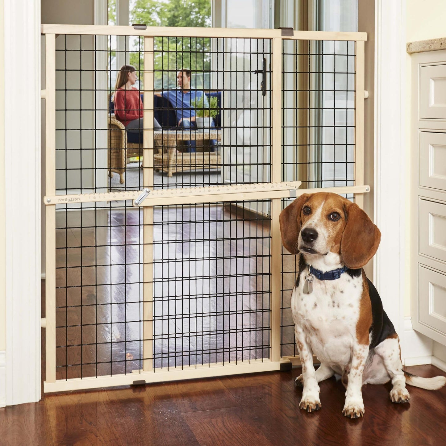 MYPET North States Wire Mesh Dog Gate: 29.5-48" Wide. Pressure Mount. No Tools Needed. Made in USA. Dog Gate 37" Tall, Expandable, Durable Dog Gates for Doorways, Sustainable Hardwood