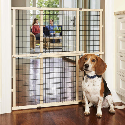 MYPET North States Wire Mesh Dog Gate: 29.5-48" Wide. Pressure Mount. No Tools Needed. Made in USA. Dog Gate 37" Tall, Expandable, Durable Dog Gates for Doorways, Sustainable Hardwood
