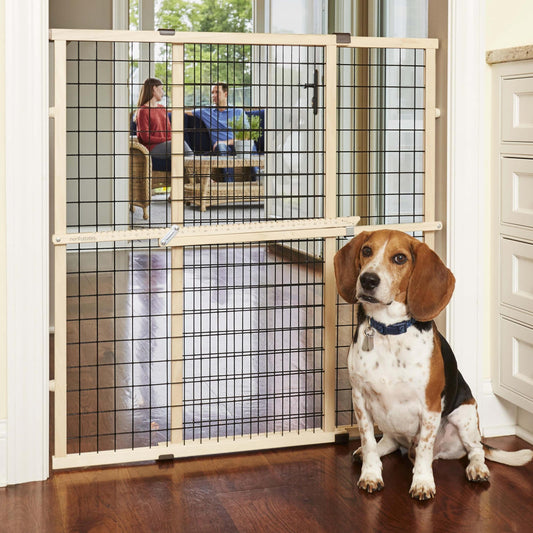 MYPET North States Wire Mesh Dog Gate: 29.5-48" Wide. Pressure Mount. No Tools Needed. Made in USA. Dog Gate 37" Tall, Expandable, Durable Dog Gates for Doorways, Sustainable Hardwood