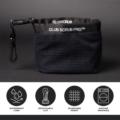 Club Scrub Pro Golf Club and Golf Ball Cleaning Bag, Waterproof Clean Face Technology Liner, Perfectly Dry Microfiber Exterior, Detachable Clip, Machine Washable, Cleans Club Grooves, Black Pro