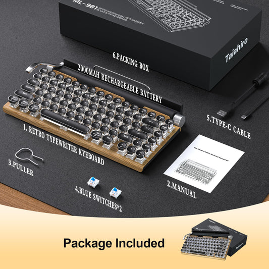 Retro Typewriter Wireles Mechanical Gaming Keyboard, Bluetooth 5.0 Office Computer Vintage Keyboards 83-Key Blue Switches Punk Round Keycap, LED Backlight, Compatible with PC/Laptop/Pad/Phone, Wood