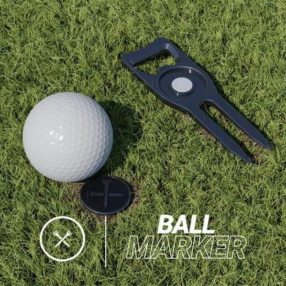 Blue Tees Golf 6-in-1 Premium Divot Tool & Ball Marker - Bottle Opener - Club Tee - Groove Cleaner - Putting Alignment - Designed to Be the Ultimate Tool for the Green - Black