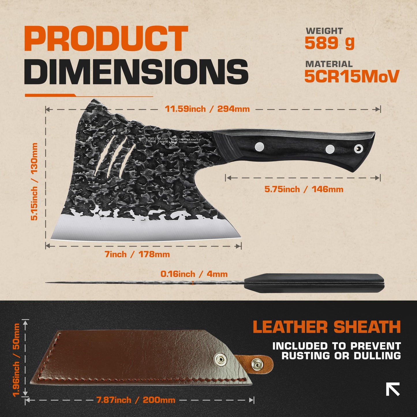 TUO Hand Forged Meat & Bone Cleaver Knife, 7 inch Heavy Duty Butcher Knife with Sheath, Bone Cutter for Meat Cutting, Kitchen Outdoor Cooking, Gift - Pakkawood Handle