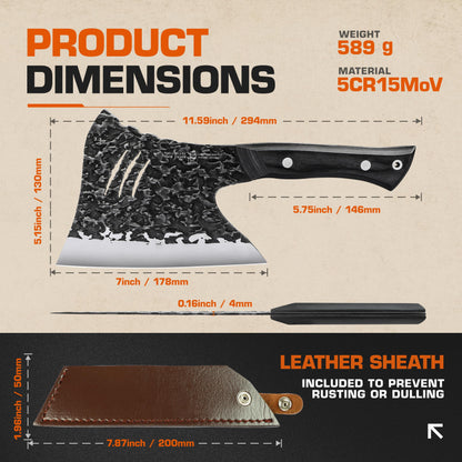 TUO Hand Forged Meat & Bone Cleaver Knife, 7 inch Heavy Duty Butcher Knife with Sheath, Bone Cutter for Meat Cutting, Kitchen Outdoor Cooking, Gift - Pakkawood Handle