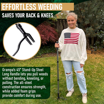 Grampa's Metal Weeder - Stand Up Weed Puller Tool with Steel Long Handle - Made with All Steel Handle & 4-Claw Steel Head - Easily Remove Weeds Without Bending, Pulling, or Kneeling (Black)