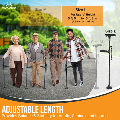 VIVA CARE Walking Cane with Light & Alarm - Foldable, Adjustable, Lightweight, for Balance & Stability for Adults, Seniors, & Injured. [Black]