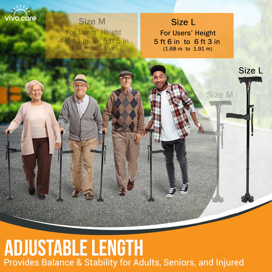VIVA CARE Walking Cane with Light & Alarm - Foldable, Adjustable, Lightweight, for Balance & Stability for Adults, Seniors, & Injured. [Black]