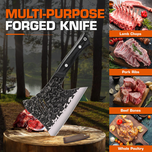 TUO Hand Forged Meat & Bone Cleaver Knife, 7 inch Heavy Duty Butcher Knife with Sheath, Bone Cutter for Meat Cutting, Kitchen Outdoor Cooking, Gift - Pakkawood Handle