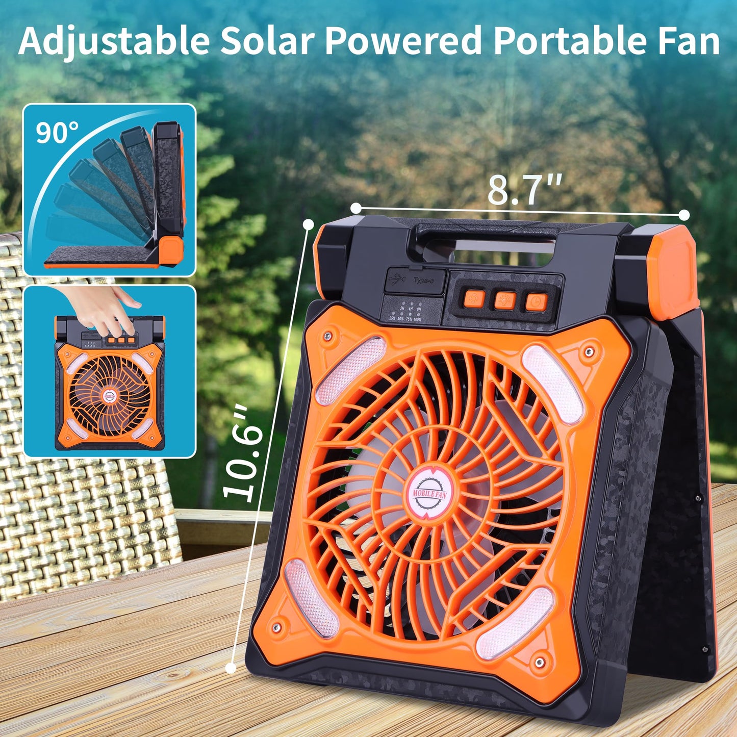 WESTTREE Solar Fan Battery Powered Rechargeable Solar Camping Fan with Led Lantern & Power Bank Foldable Angle USB Personal Fans for Travel Outdoor Camping Tents X98 Orange